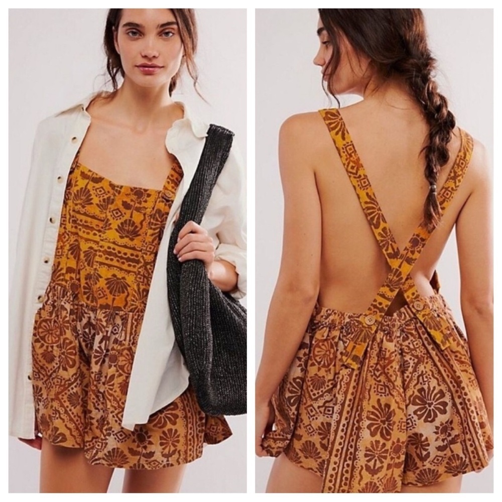 New! Free People Palm Bay Printed Shortalls Romper in Dessert Combo 45395